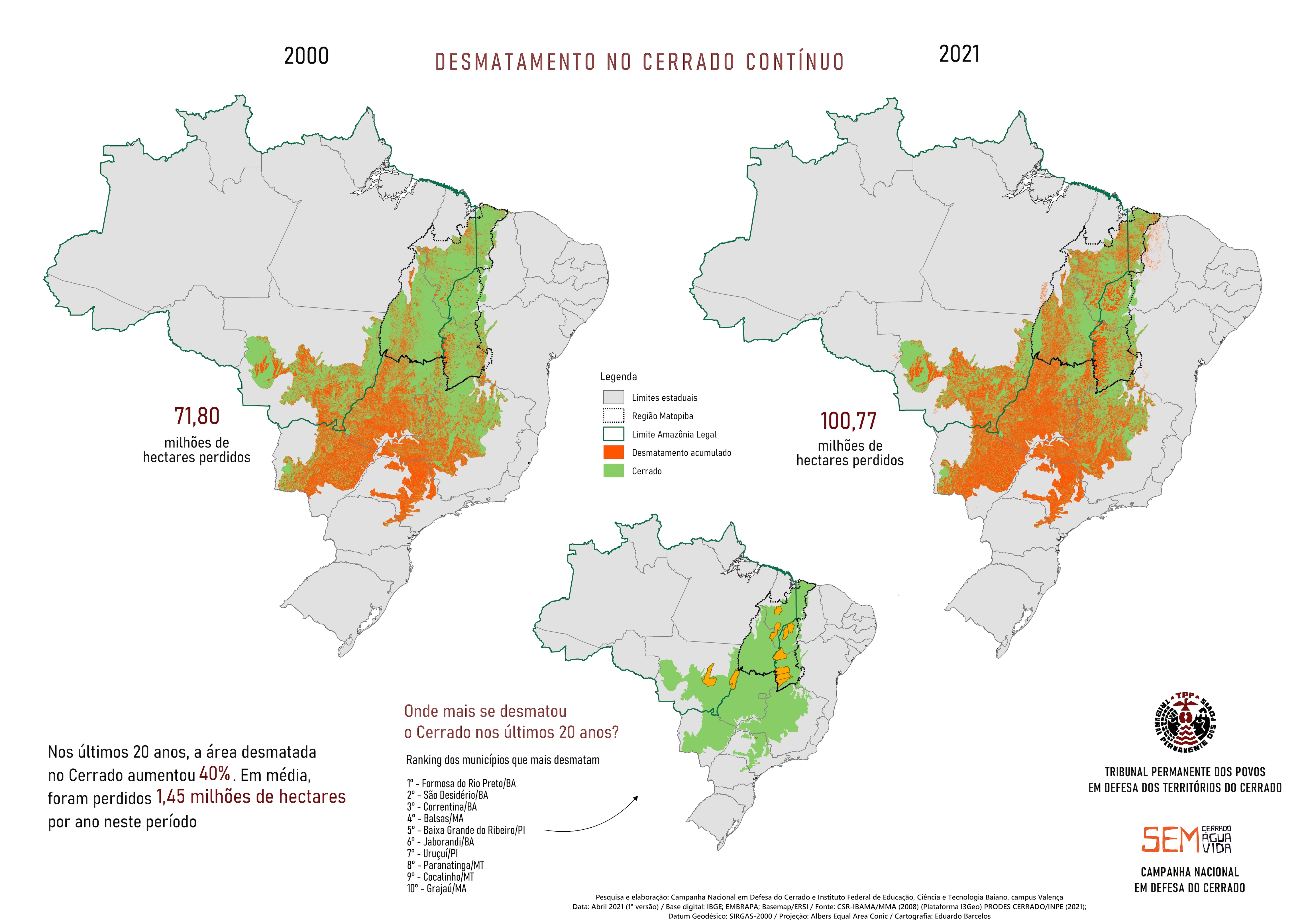 Evolução do desmatamento no Cerrado em 2 períodos. Crédito: Campanha em Defesa do Cerrado e IF Baiano - Campus Valença
